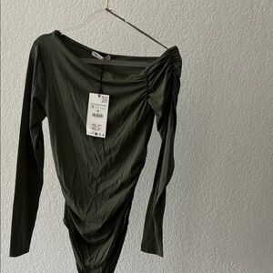 Olive Green Asymmetrical Zara Long Sleeve Bodysuit
